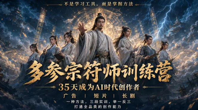 多参宗符师训练营,35天成为AI时代创作者,广告|短片|长剧,一种方法,三段实训,举一反三,打通全品类的创作能力祝你网--专注互联网创业.信息差副业研究拒绝割韭菜祝你网