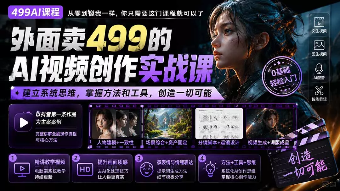 外面卖499的AI视频创作实战课：建立系统思维，掌握方法和工具，创造一切可能。祝你网--专注互联网创业.信息差副业研究拒绝割韭菜祝你网