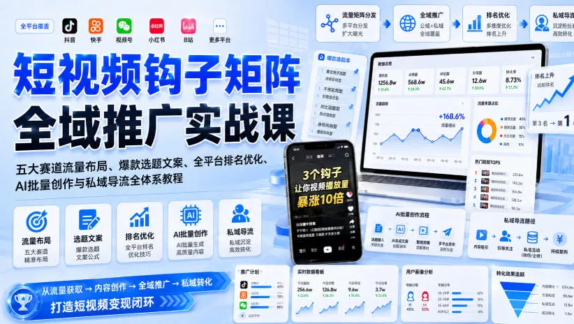 短视频钩子矩阵全域推广实战课|五大赛道流量布局、爆款选题文案、全平台排名优化、AI批量创作与私域导流全体系教程祝你网--专注互联网创业.信息差副业研究拒绝割韭菜祝你网