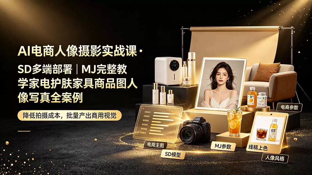 AI电商人像摄影实战课·SD多端部署｜MJ完整教学｜家电护肤家具商品图人像写真全案例祝你网--专注互联网创业.信息差副业研究拒绝割韭菜祝你网