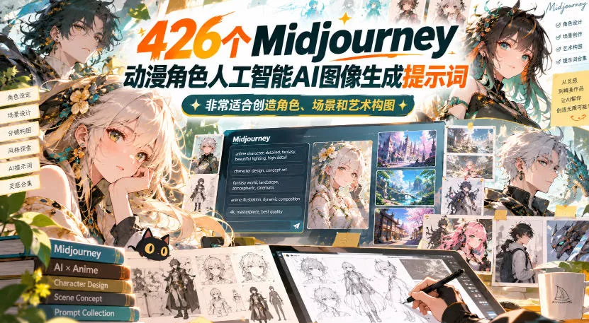 426个Midjourney动漫角色人工智能AI图像生成提示词，非常适合创造角色、场景和艺术构图祝你网--专注互联网创业.信息差副业研究拒绝割韭菜祝你网