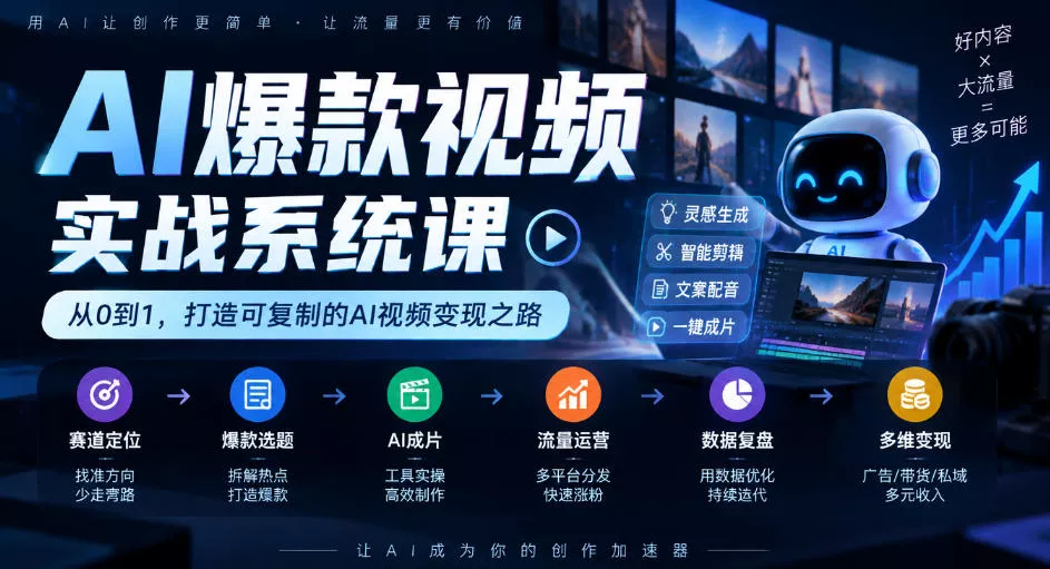 74cc44a5dc0d2754d6771aeae3f84e3b.webp AI爆款视频实战系统课|赛道定位、爆款选题、AI成片、流量运营、数据复盘、多维变现全链路教学