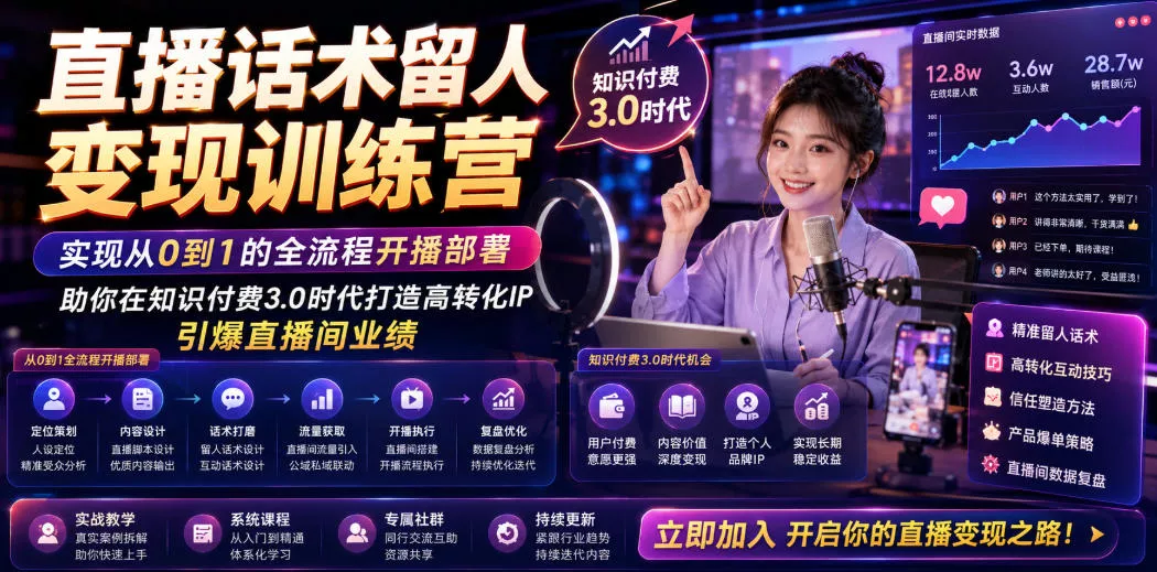 直播话术留人变现训练营，实现从0到1的全流程开播部署，助你在知识付费3.0时代打造高转化IP，引爆直播间业绩祝你网--专注互联网创业.信息差副业研究拒绝割韭菜祝你网