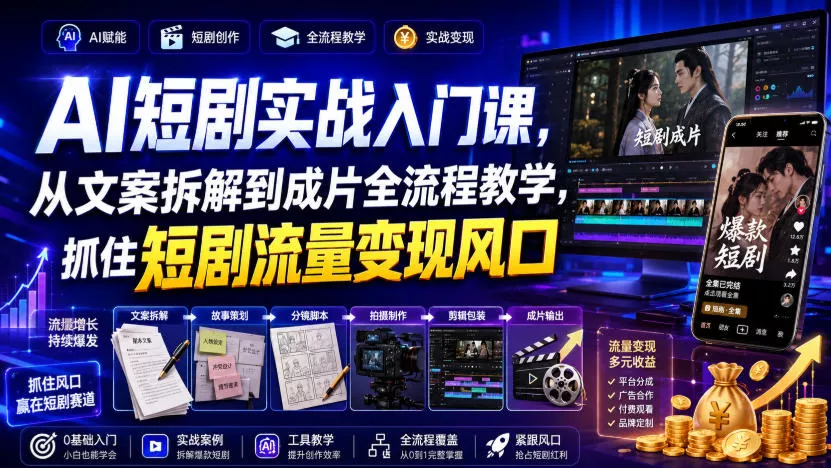 AI短剧实战入门课,从文案拆解到成片全流程教学,抓住短剧流量变现风口祝你网--专注互联网创业.信息差副业研究拒绝割韭菜祝你网