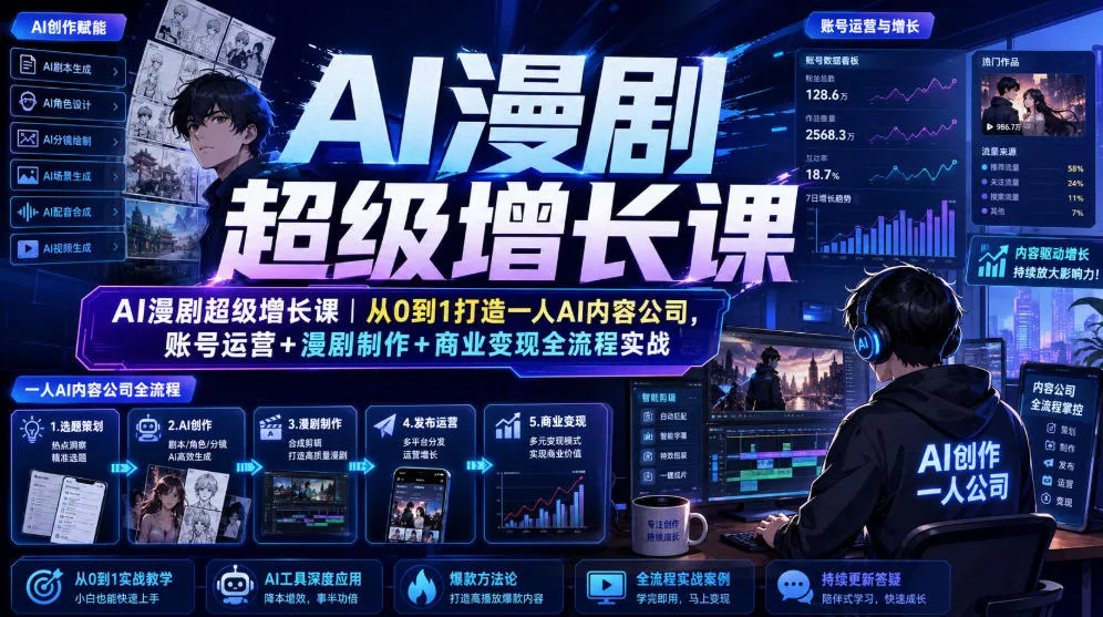 AI漫剧超级增长课|从0到1打造一人AI内容公司,账号运营+漫剧制作+商业变现全流程实战祝你网--专注互联网创业.信息差副业研究拒绝割韭菜祝你网