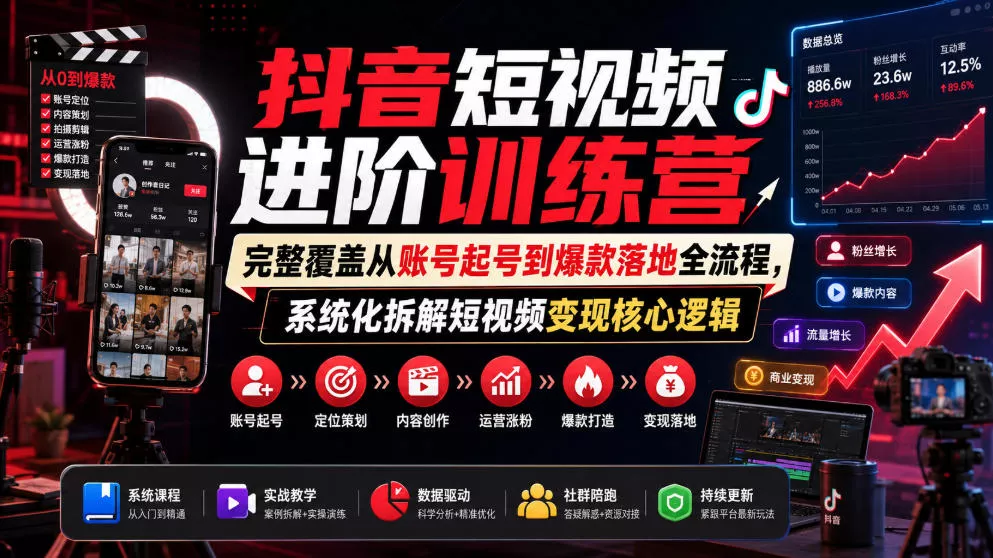 抖音短视频进阶训练营,完整覆盖从账号起号到爆款落地全流程,系统化拆解短视频变现核心逻辑祝你网--专注互联网创业.信息差副业研究拒绝割韭菜祝你网