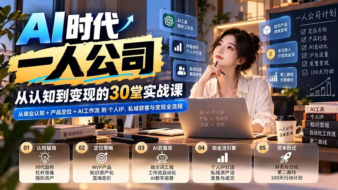 75b813b62a12f686444ca3a6804c206b.webp 【无水印】AI时代一人公司30堂实战课:从商业认知+产品定位+AI工作流到个人IP、私域获客与变现全流程