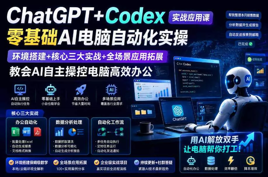 ChatGPT+Codex实战应用课｜零基础AI电脑自动化实操，环境搭建+核心三大实战+全场景应用拓展，教会AI自主操控电脑高效办公祝你网--专注互联网创业.信息差副业研究拒绝割韭菜祝你网