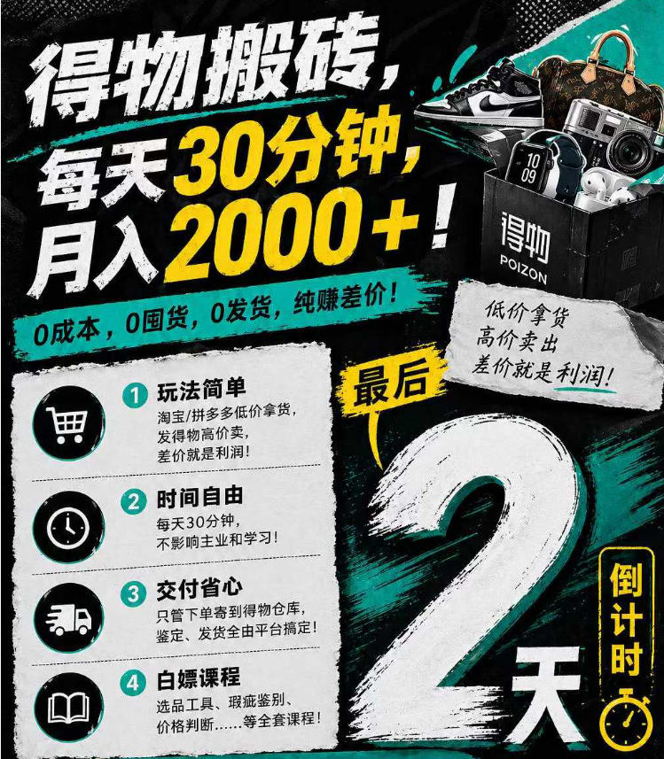 得物搬砖，0成本起步每天30分钟，月入2000+，0成本，0囤货，0发货，纯賺差价祝你网--专注互联网创业.信息差副业研究拒绝割韭菜祝你网