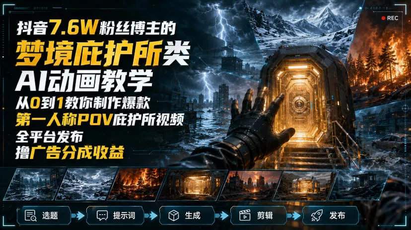 7604991f8f850d3f5166a1871844eb9f.webp 抖音7.6W粉丝博主的梦境庇护所类AI动画教学,从0到1教你制作爆款第一人称POV庇护所视频,全平台发布撸广告分成收益