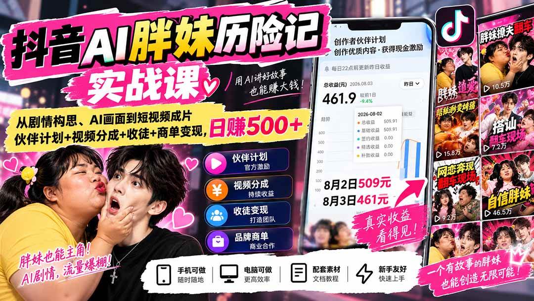 7649b48fbf9cd81806cbc4de9728acae.jpeg (20489期)抖音AI胖妹历险记实战课:从剧情构思、AI画面到短视频成片,伙伴计划+视频分成+收徒+商单变现,日赚500+