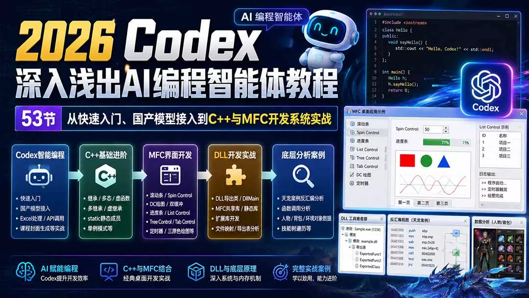 2026 Codex深入浅出AI编程智能体教程：53节从快速入门、国产模型接入到C++与MFC开发系统实战祝你网--专注互联网创业.信息差副业研究拒绝割韭菜祝你网