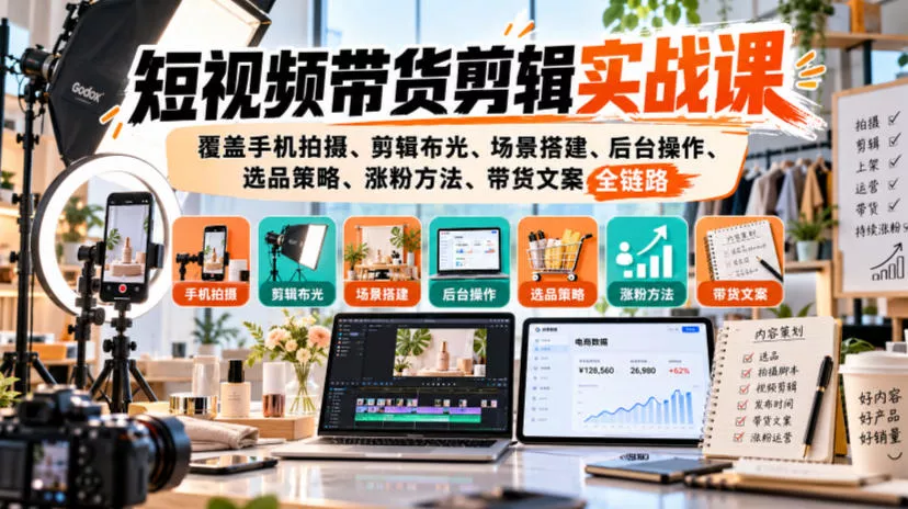 短视频带货剪辑实战课,覆盖手机拍摄、剪辑布光、场景搭建、后台操作、选品策略、涨粉方法、带货文案全链路祝你网--专注互联网创业.信息差副业研究拒绝割韭菜祝你网