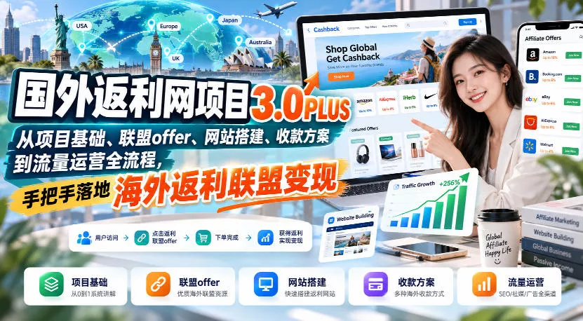 768efb24c3ac8d73ea3c097b446e8242.webp 国外返利网项目3.0PLUS,从项目基础、联盟offer、网站搭建、收款方案到流量运营全流程,手把手落地海外返利联盟变现