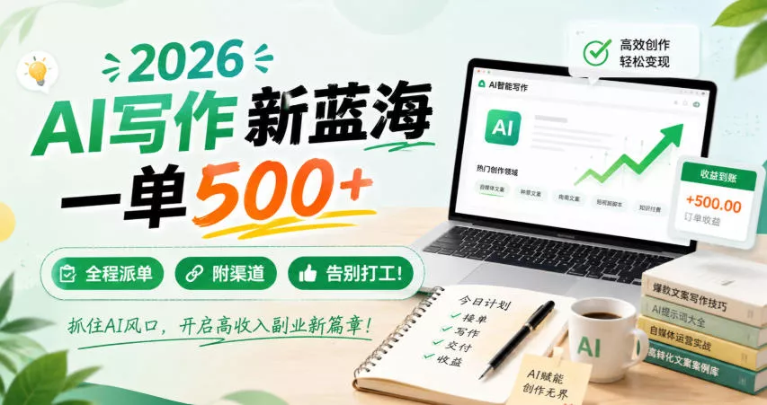 2026 AI写作新蓝海,一单500+,全程派单,附渠道,告别打工!【揭秘】祝你网--专注互联网创业.信息差副业研究拒绝割韭菜祝你网