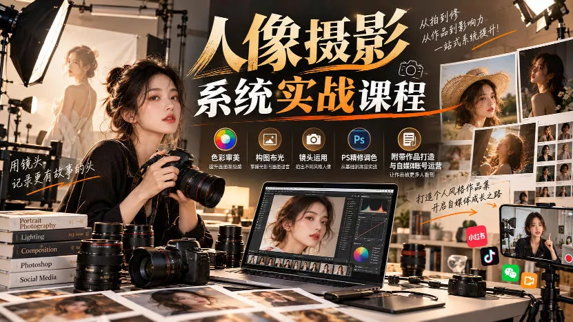 【无水印】人像摄影系统实战课程,色彩审美、构图布光、镜头运用、PS精修调色,附带作品打造与自媒体账号运营祝你网--专注互联网创业.信息差副业研究拒绝割韭菜祝你网
