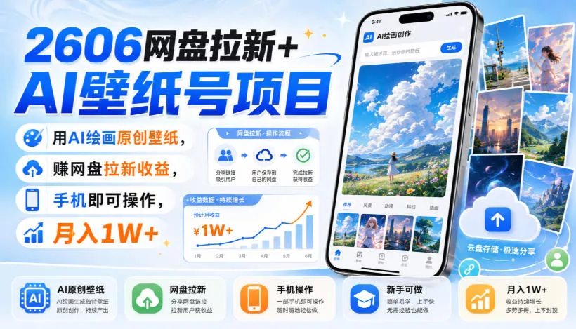 2606网盘拉新+AI壁纸号项目,用AI绘画原创壁纸,賺网盘拉新收益,手机即可操作,月入1W+祝你网--专注互联网创业.信息差副业研究拒绝割韭菜祝你网