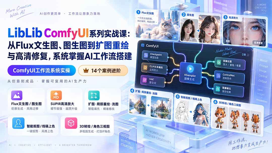 773911a254bafc001909e9eb0fd0e6b5.jpeg (20368期)LibLib ComfyUI系列实战课:从Flux文生图、图生图到扩图重绘与高清修复,系统掌握AI工作流搭建