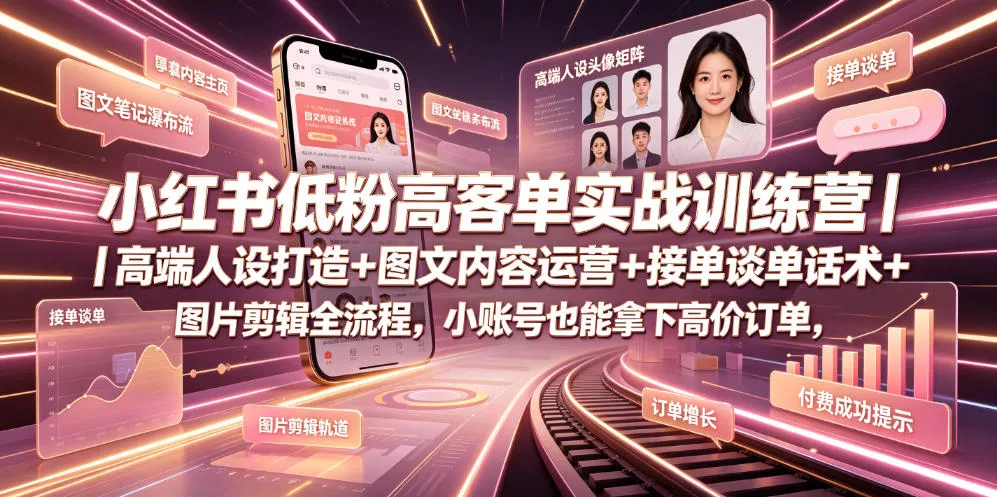 小红书低粉高客单实战训练营｜高端人设打造+图文内容运营+接单谈单话术+图片剪辑全流程，小账号也能拿下高价订单祝你网--专注互联网创业.信息差副业研究拒绝割韭菜祝你网