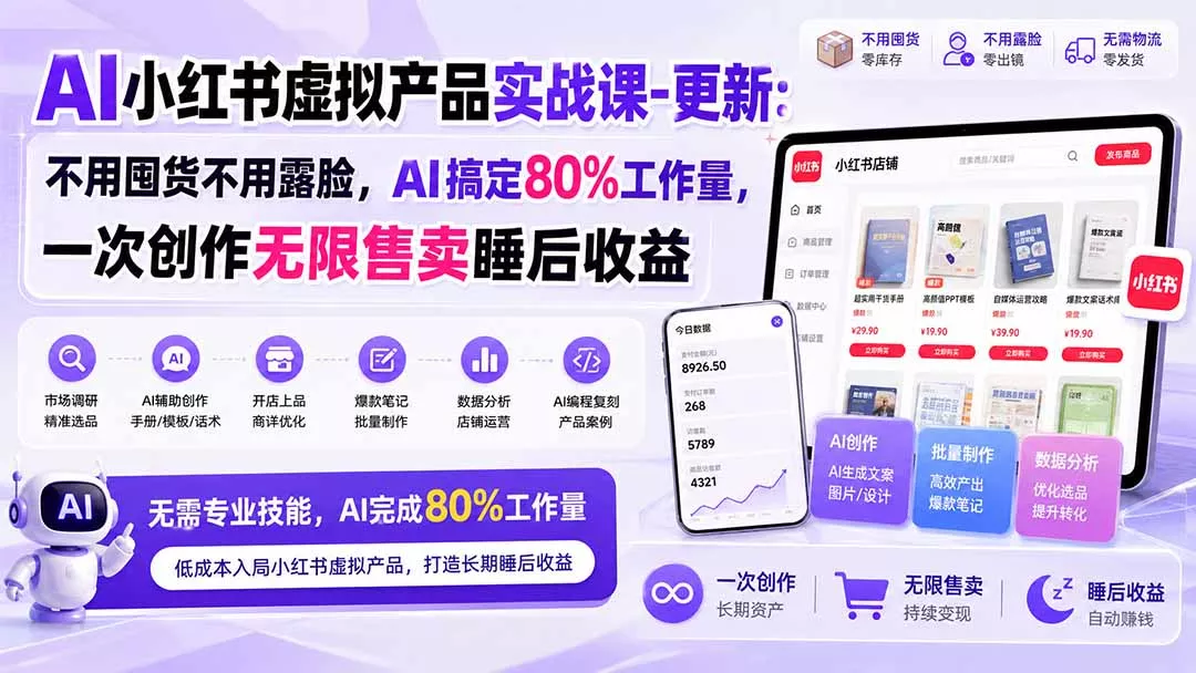 AI小红书虚拟产品实战课-更新1017:不用囤货不用露脸,AI搞定80%工作量,一次创作无限售卖睡后收益祝你网--专注互联网创业.信息差副业研究拒绝割韭菜祝你网