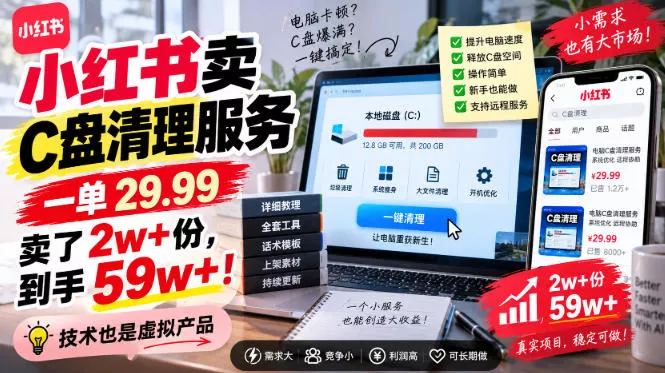 77e3b4d7935c07fd1073e9af1f924420.webp 小红书卖C盘清理服务,一单29.99,卖了2w+份,技术也是虚拟产品