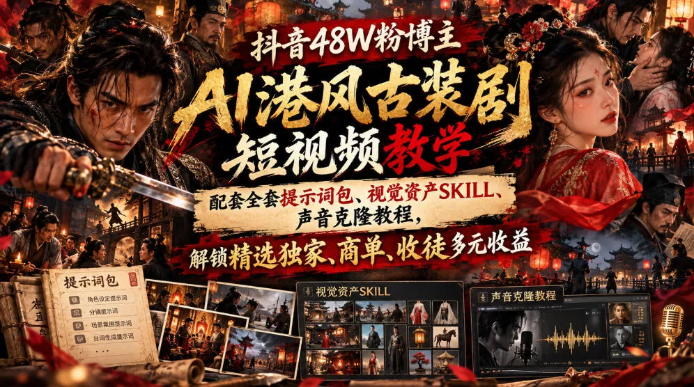 77e3de6c1827ea298e7a9d81d5f9ea04.webp 抖音48W粉博主AI港风古装剧短视频教学,配套全套提示词包、视觉资产SKILL、声音克隆教程,解锁精选独家、商单、收徒多元收益