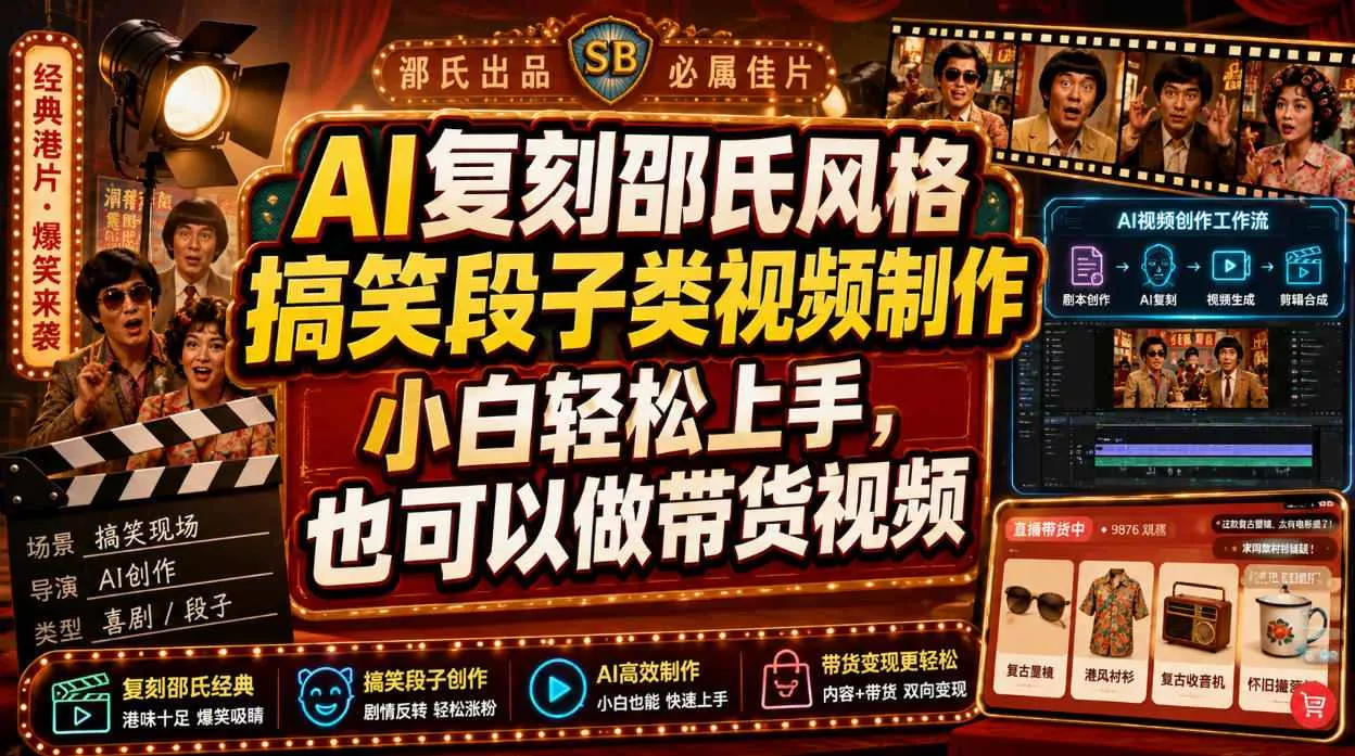 AI复刻邵氏风格搞笑段子类视频制作，小白轻松上手，也可以做带货视频祝你网--专注互联网创业.信息差副业研究拒绝割韭菜祝你网