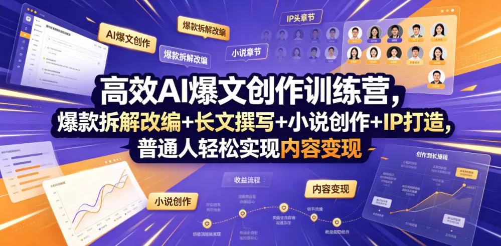 高效AI爆文创作训练营，爆款拆解改编+长文撰写+小说创作+IP打造，普通人轻松实现内容变现祝你网--专注互联网创业.信息差副业研究拒绝割韭菜祝你网