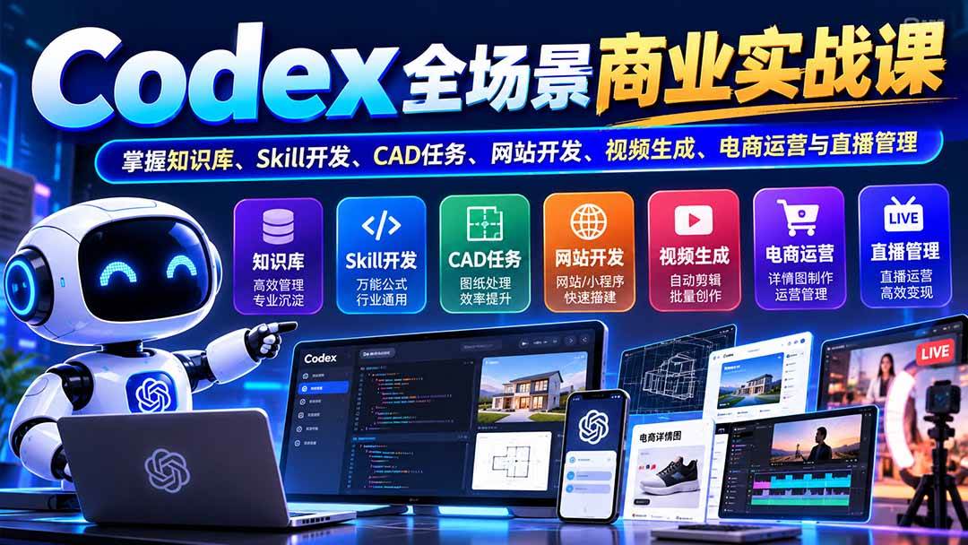 （20712期）【无水印】Codex全场景商业实战课：掌握知识库、Skill开发、CAD任务、网站开发、视频生成、电商运营与直播管理祝你网--专注互联网创业.信息差副业研究拒绝割韭菜祝你网