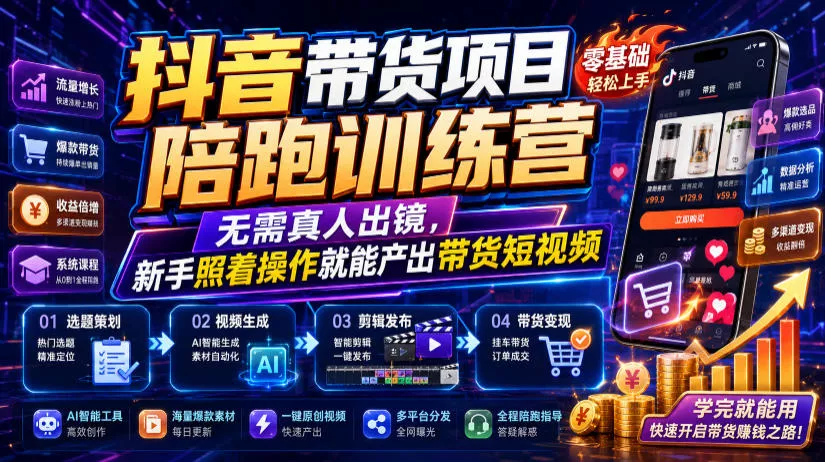 抖音带货项目陪跑训练营,无需真人出镜,新手照着操作就能产出带货短视频(更新0811)祝你网--专注互联网创业.信息差副业研究拒绝割韭菜祝你网