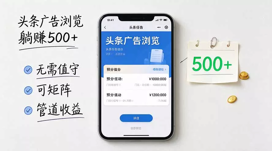 头条广告浏览躺赚500+无需值守,可矩阵并附有管道收益祝你网--专注互联网创业.信息差副业研究拒绝割韭菜祝你网