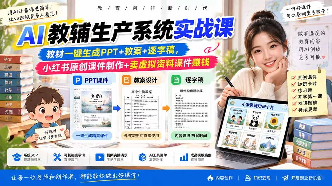 AI教辅生产系统实战课|教材一键生成PPT+教案+逐字稿,小红书原创课件制作+卖虚拟资料课件赚钱祝你网--专注互联网创业.信息差副业研究拒绝割韭菜祝你网
