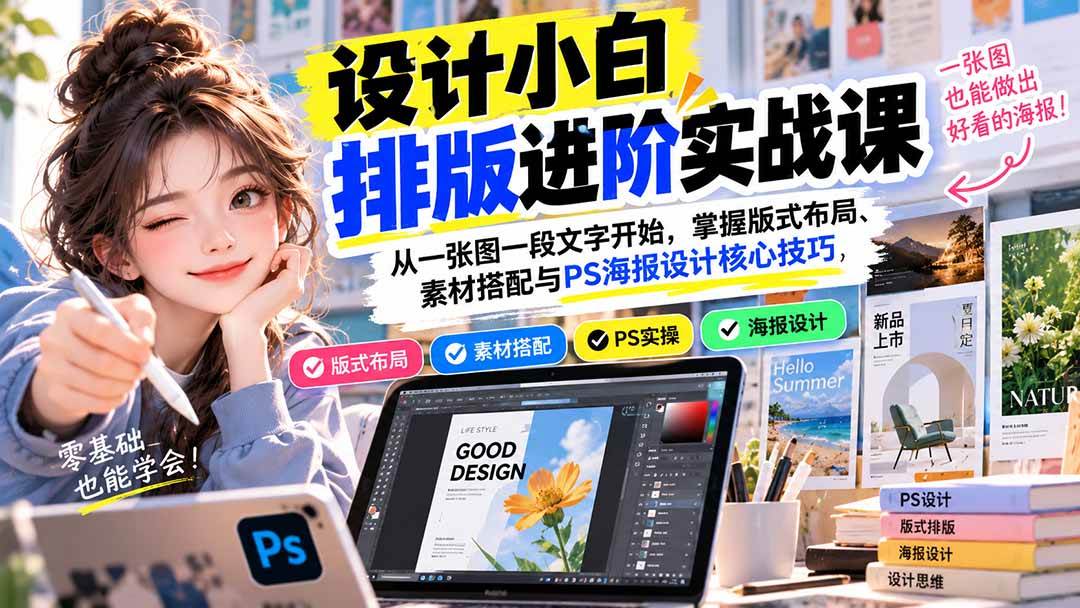 (20838期)设计小白排版进阶实战课:从一张图一段文字开始,掌握版式布局、素材搭配与PS海报设计核心技巧祝你网--专注互联网创业.信息差副业研究拒绝割韭菜祝你网
