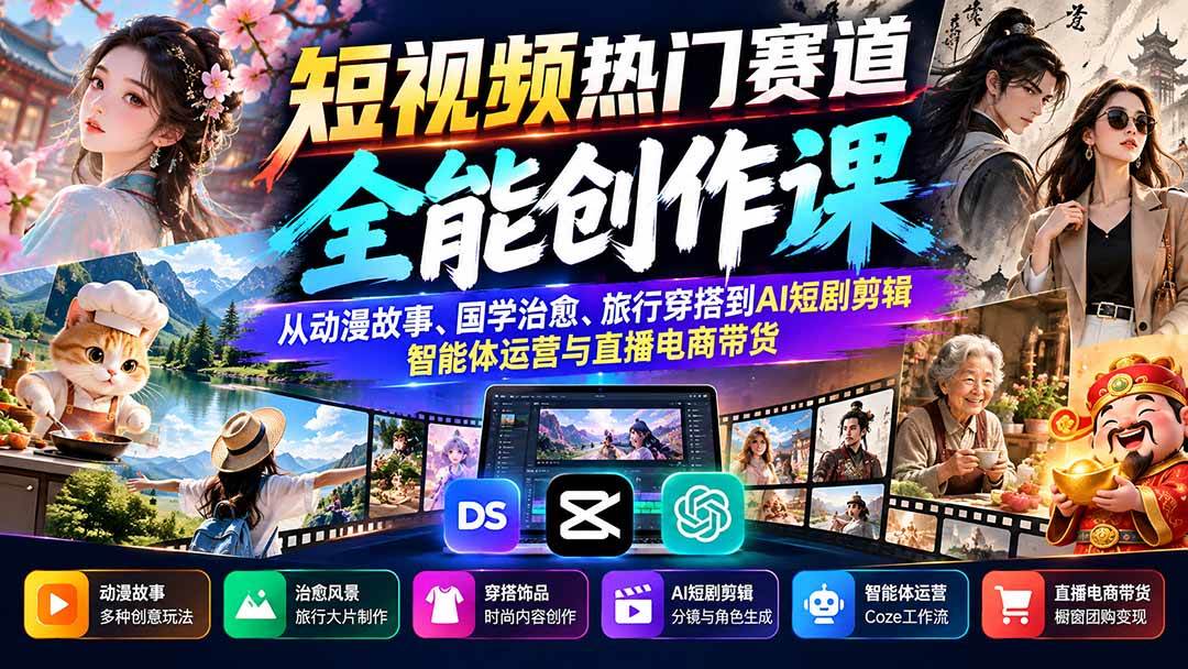 7a41434deb09a56609d083b8e0cfc984.jpeg (20956期)短视频热门赛道全能创作课:从动漫故事、国学治愈、旅行穿搭到AI短剧剪辑、智能体运营与直播电商带货