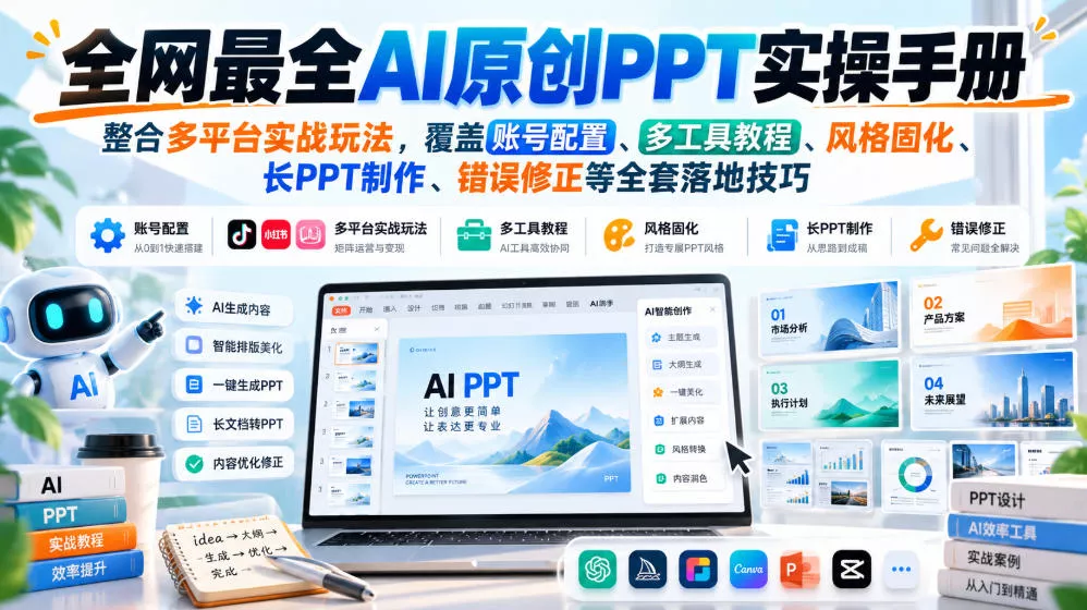 7a5bfaf304461984bd1cdaf2e2419519.webp 全网最全AI原创PPT实操手册,整合多平台实战玩法,覆盖账号配置、多工具教程、风格固化、长PPT制作、错误修正等全套落地技巧