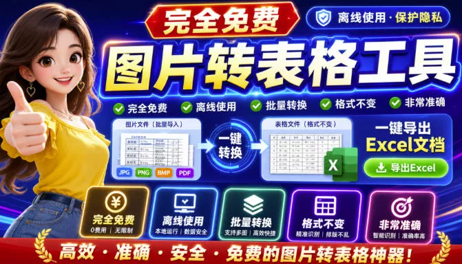 7b47a21cbd6248e4889e79ca89aad0be.webp 图片表格识别提取工具,支持一键从图片中智能提取表格并导出Excel文件,可离线免网运行,FastTableOCR