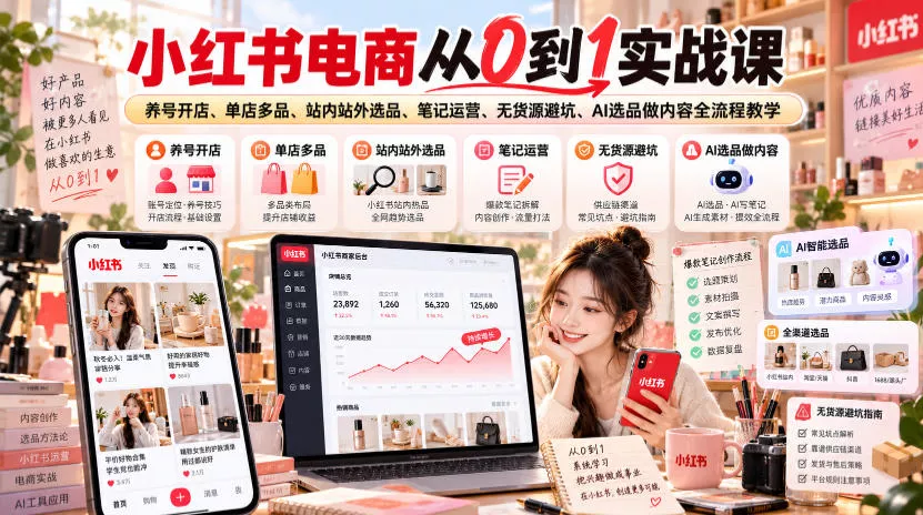 小红书电商从0到1实战课|养号开店、单店多品、站内站外选品、笔记运营、无货源避坑、AI选品做内容全流程教学祝你网--专注互联网创业.信息差副业研究拒绝割韭菜祝你网