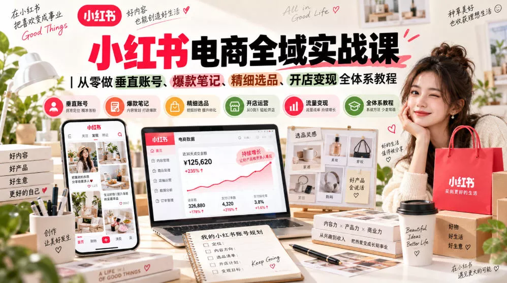 小红书电商全域实战课｜从零做垂直账号、爆款笔记、精细选品、开店变现全体系教程祝你网--专注互联网创业.信息差副业研究拒绝割韭菜祝你网