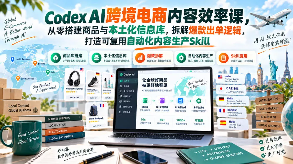7beb07a95d0af475cf490acfb76ec69e.webp Codex AI跨境电商内容效率课,从零搭建商品与本土化信息库,拆解爆款出单逻辑,打造可复用自动化内容生产Skill