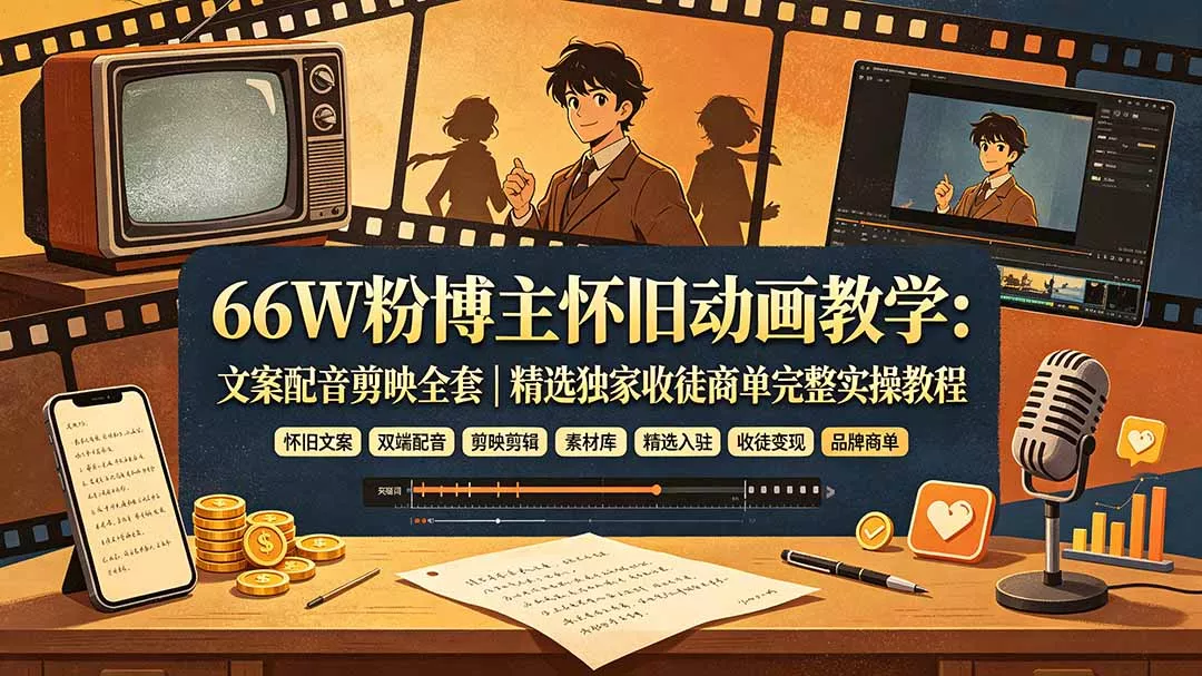 7bfb0c5c34fc86ed5e9ed4eaa5ee63f4.webp 66W粉博主怀旧动画教学:文案配音剪映全套|精选独家收徒商单完整实操教程