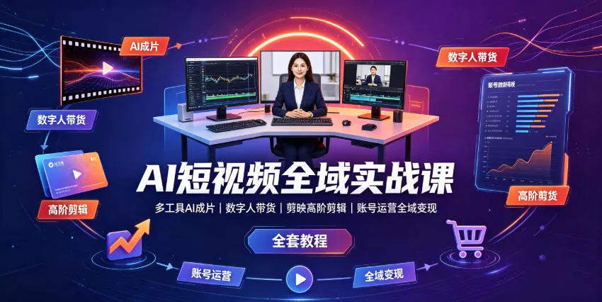 7c0745a77a77421754cde18cca4f7865.webp AI短视频全域实战课|多工具AI成片、数字人带货、剪映高阶剪辑、账号运营全域变现全套教程