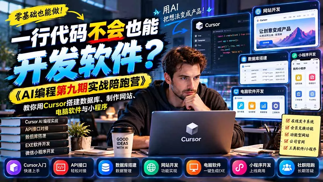 一行代码不会也能开发软件？《AI编程第九期实战陪跑营》教你用Cursor搭建数据库、制作网站、电脑软件与小程序祝你网--专注互联网创业.信息差副业研究拒绝割韭菜祝你网