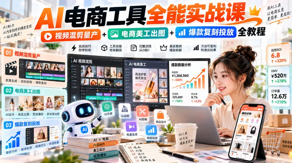 AI电商工具全能实战教学,视频混剪量产+电商美工出图+爆款复刻投放全教程祝你网--专注互联网创业.信息差副业研究拒绝割韭菜祝你网
