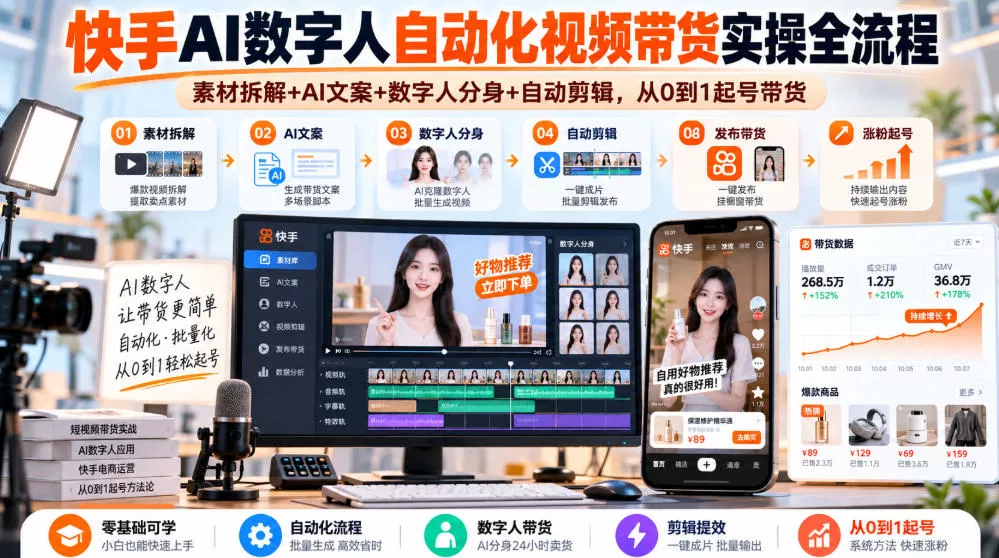 快手AI数字人自动化视频带货实操全流程｜素材拆解+AI文案+数字人分身+自动剪辑，从0到1起号带货(更新26年)祝你网--专注互联网创业.信息差副业研究拒绝割韭菜祝你网