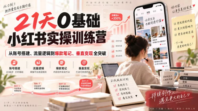 21天0基础小红书实操训练营|从账号搭建、流量逻辑到爆款笔记、垂直变现全突破祝你网--专注互联网创业.信息差副业研究拒绝割韭菜祝你网