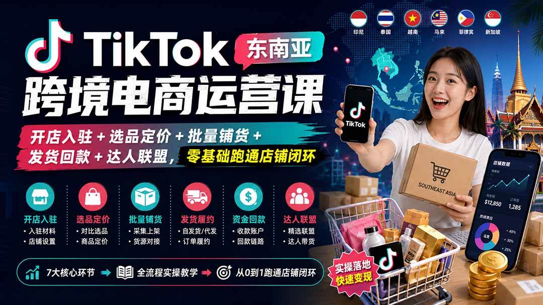 (20059期)TikTok东南亚跨境电商运营课:开店入驻+选品定价+批量铺货+发货回款+达人联盟,零基础跑通店铺闭环祝你网--专注互联网创业.信息差副业研究拒绝割韭菜祝你网