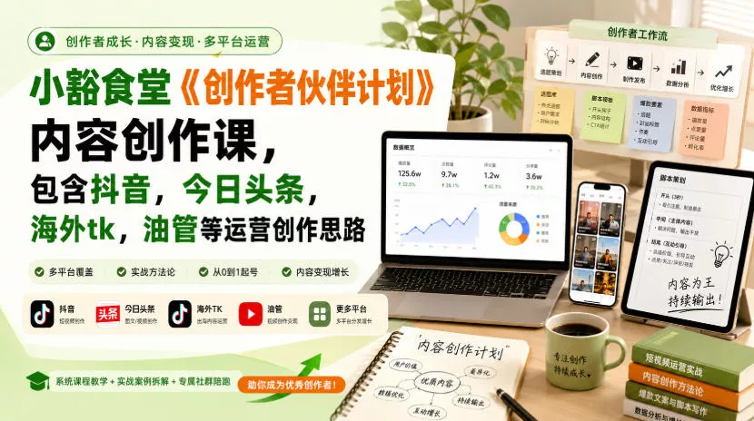 7dbaee8bc5ac24745bdde8106baf2ccf.webp 小豁食堂《创作者伙伴计划》内容创作课,包含抖音,今日头条,海外tk,油管等运营创作思路
