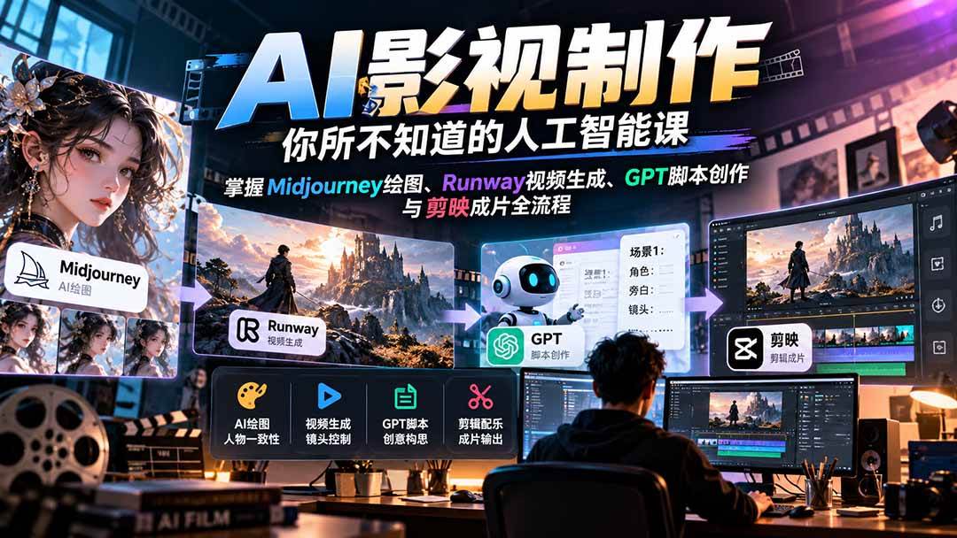 7de171ed598886d875c21aa56a7e3418.jpeg (20681期)AI影视制作-你所不知道的人工智能课,掌握Midjourney绘图、Runway视频生成、GPT脚本创作与剪映成片全流程