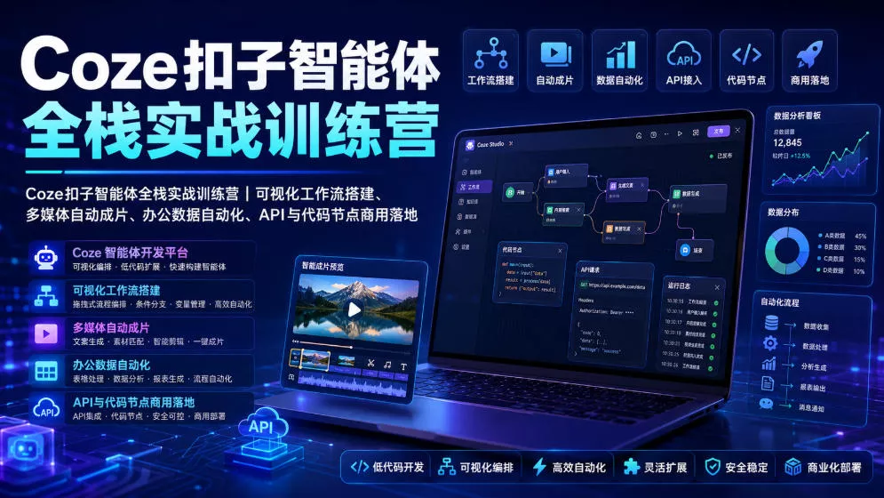 7dfb99b40c878d3ef335881edfc84957.webp Coze扣子智能体全栈实战训练营|可视化工作流搭建、多媒体自动成片、办公数据自动化、API与代码节点商用落地