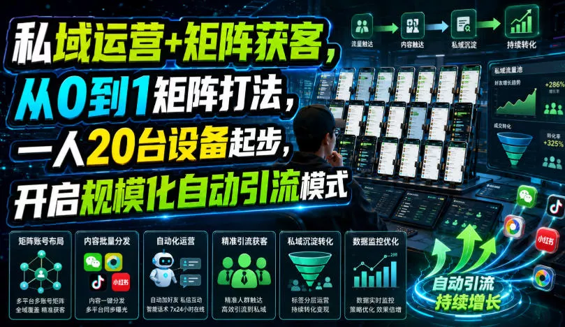私域运营+矩阵获客,从0到1矩阵打法,一人20台设备起步,开启规模化自动引流模式!祝你网--专注互联网创业.信息差副业研究拒绝割韭菜祝你网